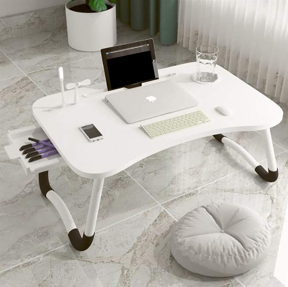 ベッドテーブル ローテーブル USBポート＊4 折り畳みテーブル ノートPCパソコンテーブル ちゃぶ台( ホワイト（引き出し付き）)