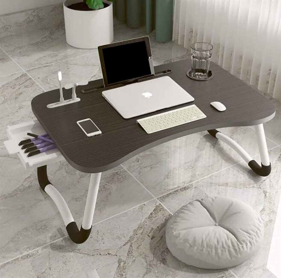 ベッドテーブル ローテーブル USBポート＊4 折り畳みテーブル ノートPCパソコンテーブル ちゃぶ台( ブラック（引き出し付き）)