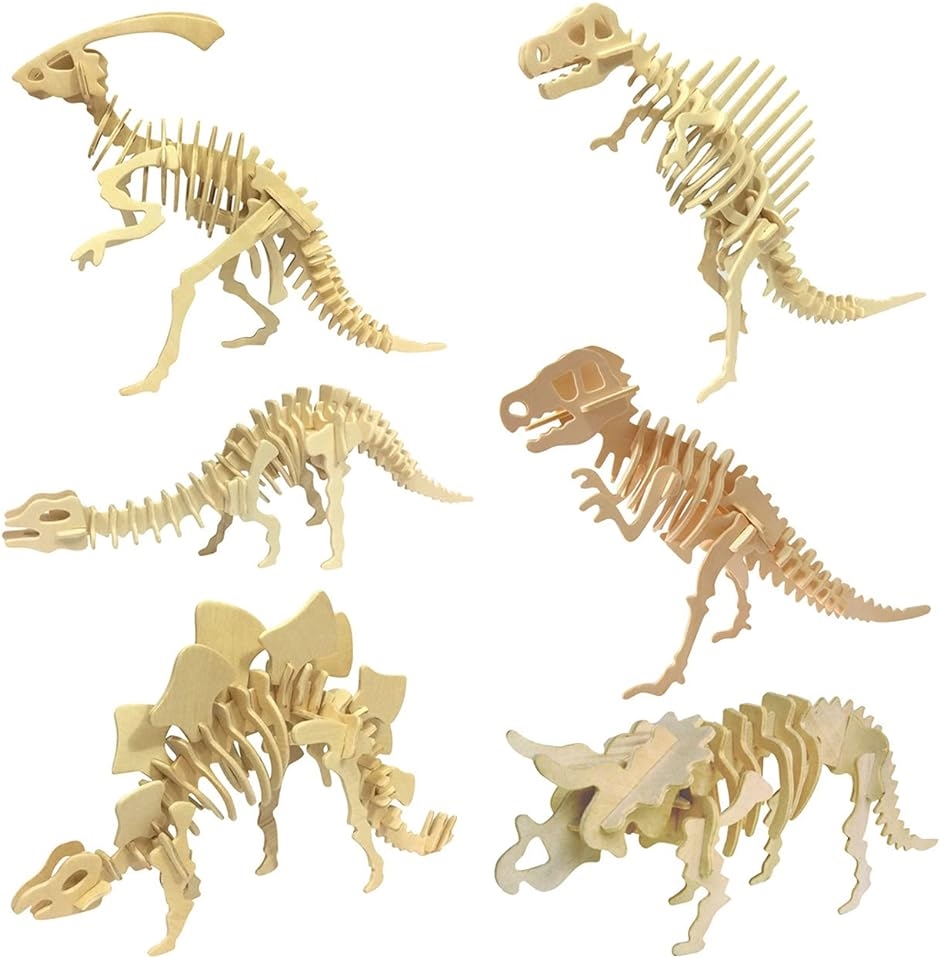 立体 恐竜 動物 木製 パズル 3D 立体パズル セット カラー 無色 工作 キット DIY 子供 大人 作る( 無色恐竜・6種セット)｜horikku
