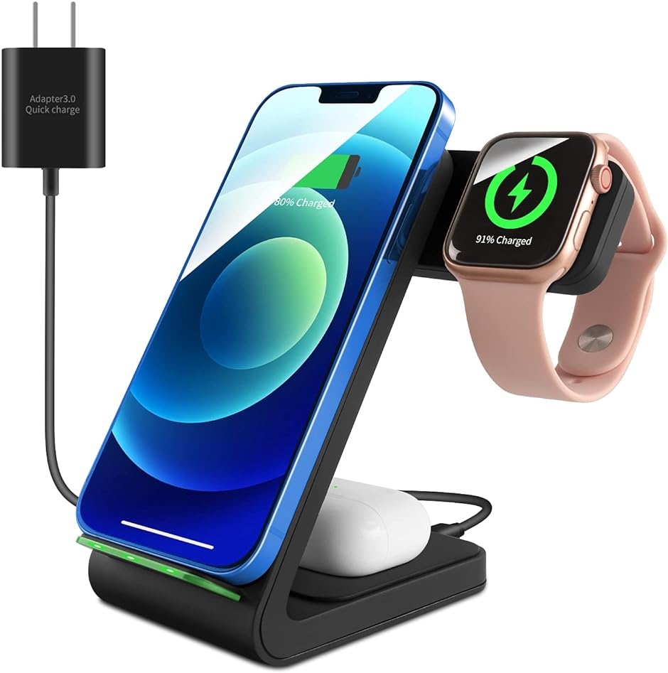 ワイヤレス充電器3in1 15W急速 置くだけ充電 Apple Watch/Airpods充電対応 iphone8 Galaxy MDM( 黒)｜horikku