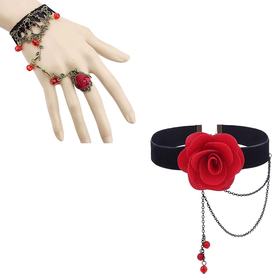 最安値挑戦】 o薔薇モチーフブレスレット指輪セット リングチェーンブレスレット バラ 黒
