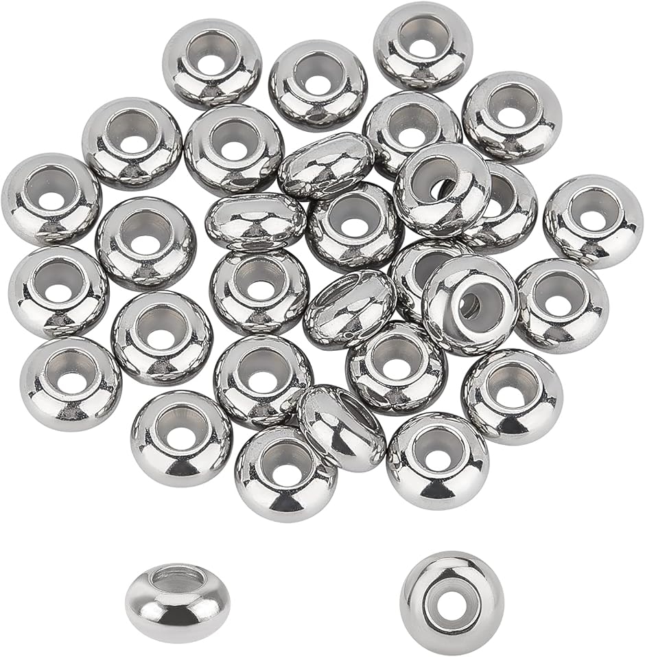 30個 ステンレス色 304ステンレス製ラウンドビーズ ボールビーズ ストッパービーズ ゴム付き MDM(ステンレス色/30個, 穴2mm)