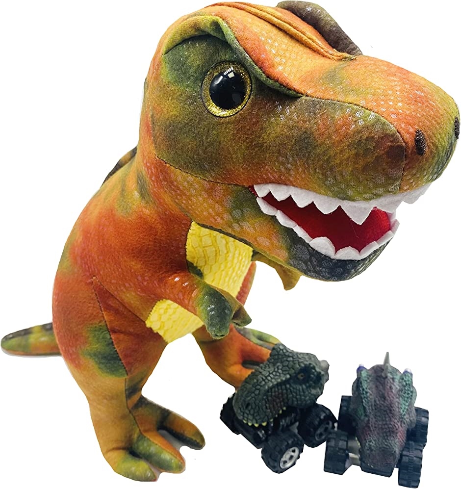 ぬいぐるみ 恐竜 ティラノサウルス おもちゃ ＆ ミニカー トイカー セット( オレンジ系)
