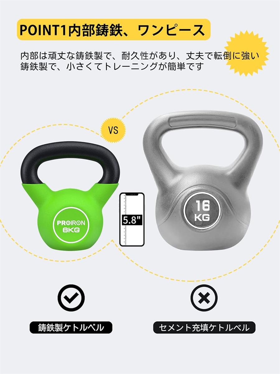 ケトルベル ネオプレン 鉄製 6kg 一体型鋳鉄( 2# 緑) : スピード発送