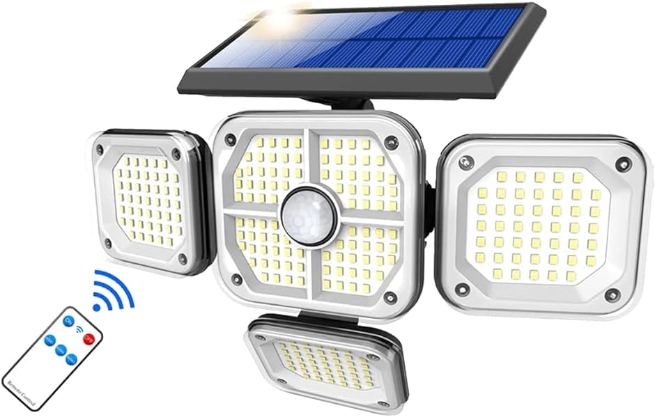 ソーラーライト 屋外 4灯式センサーライト IP65 リモコン付き 日本語説明書付き( 1個入り)