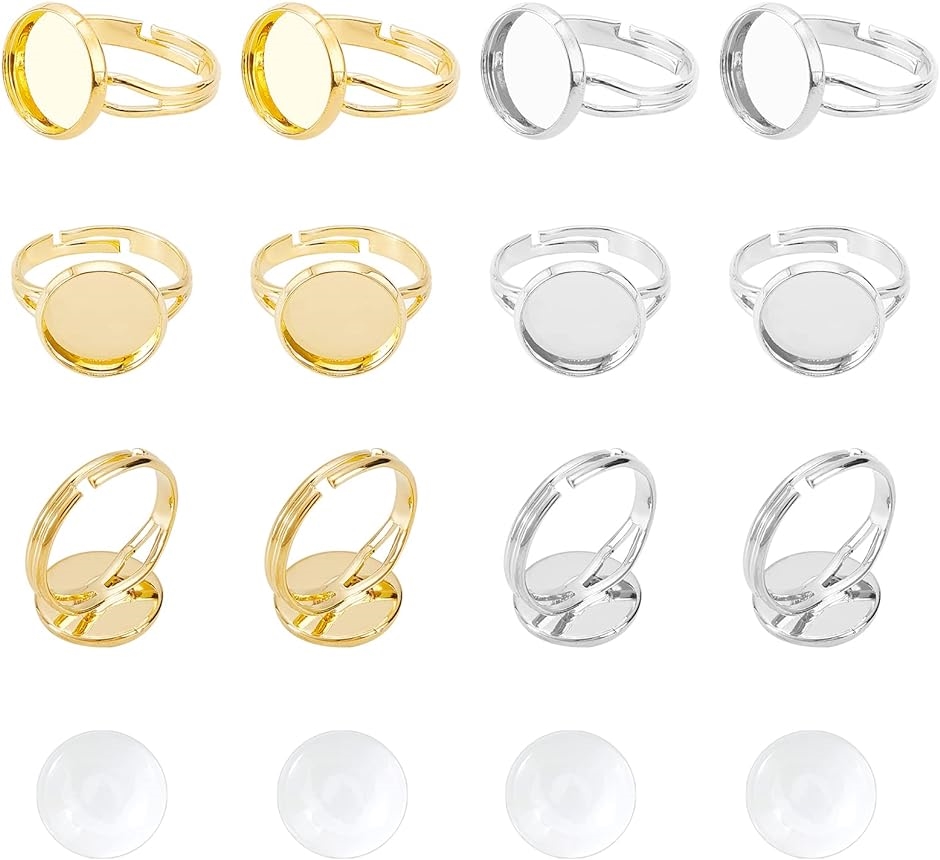 指輪 パーツ 調節可能 指輪用ベース ガラス カボション付き 丸型指輪トレイ ゴールデン＆シルバー 約40個 12mm( 混合色)