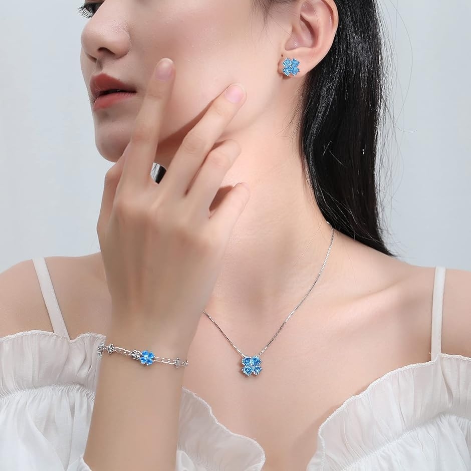 シルバー925 女性に人気 ブレスレットハート 四つ葉のクローバー ユニーク デザイン MDM (12月 誕生石 スイスブルートパーズ)の画像