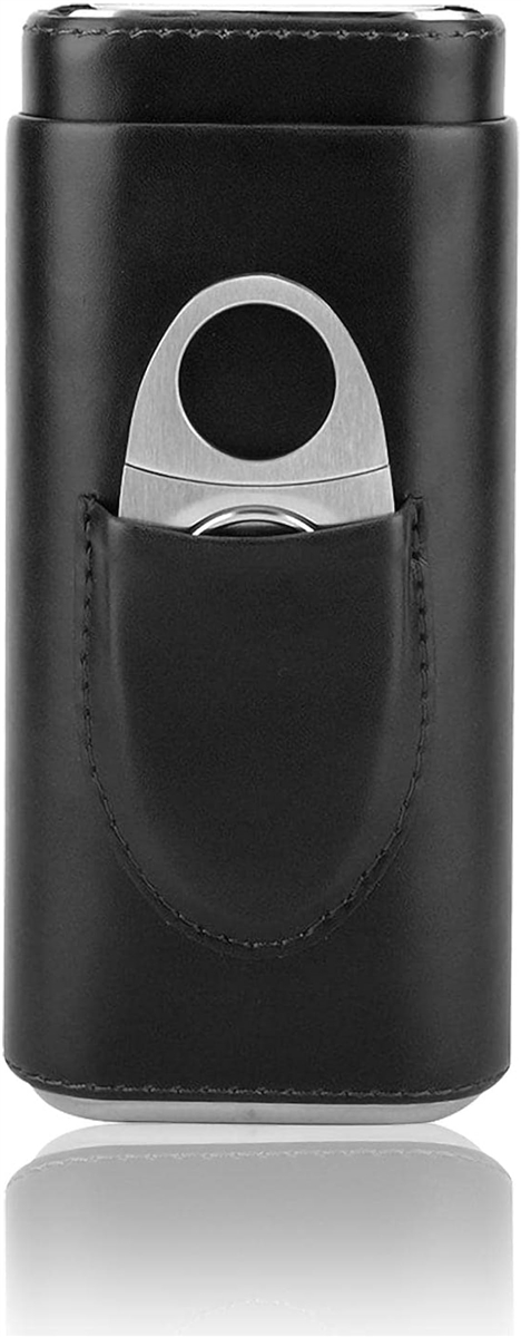 シガーケース シガーカッター付き レザー 葉巻 軽量 ステンレス セット 携帯 保管 喫煙具( ブラック)