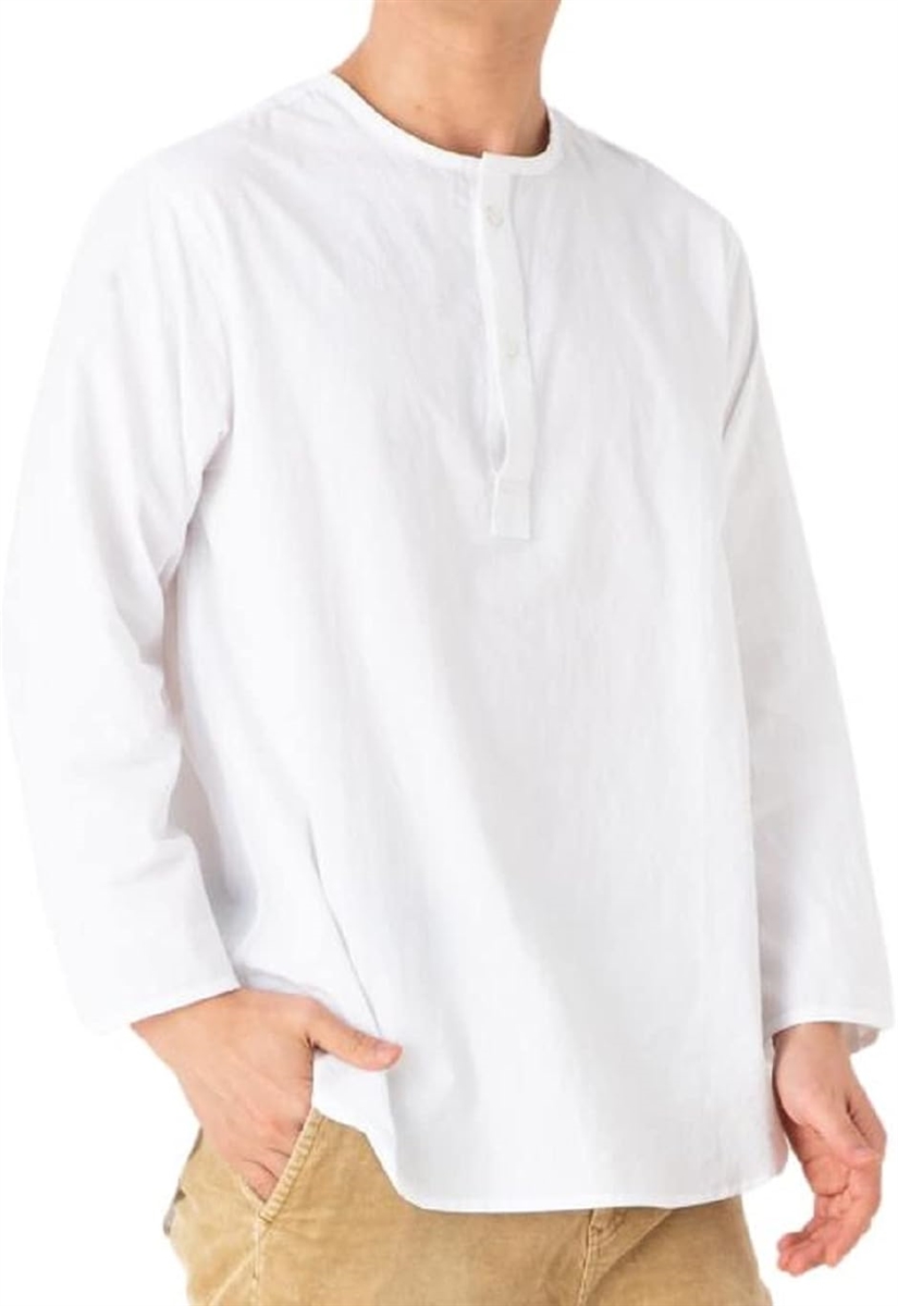 ゆったり 襟なし メンズ シャツ スリーピングシャツ ヘンリーネック プルオーバー( ホワイト,  M)｜horikku