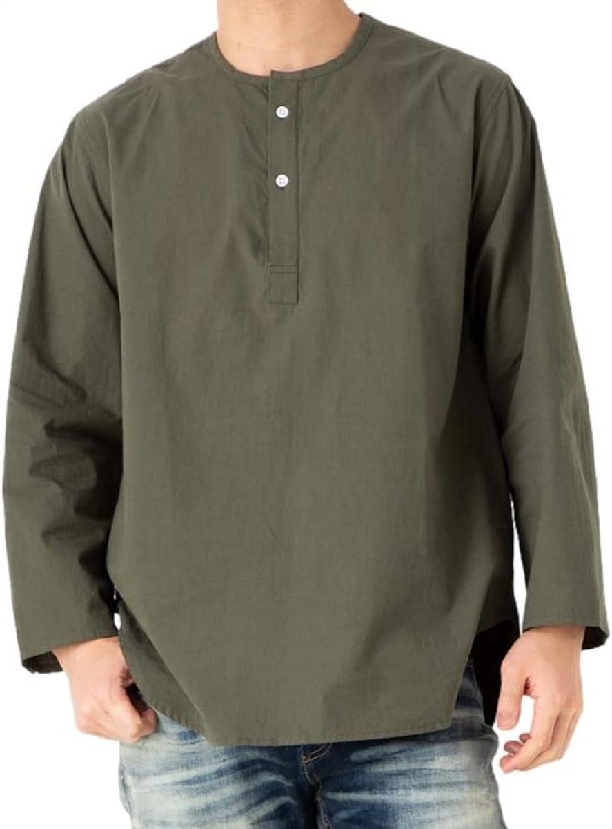ゆったり 襟なし メンズ シャツ スリーピングシャツ ヘンリーネック プルオーバー( カーキグリーン,  XL)｜horikku