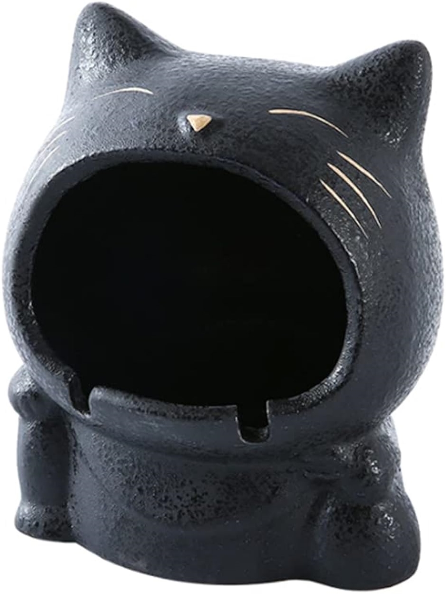 卓上 灰皿 おしゃれ クリエイティブな猫 陶磁器 大容量 家/オフィスの装飾のため 黒( 黒,  13cm x 11cm)