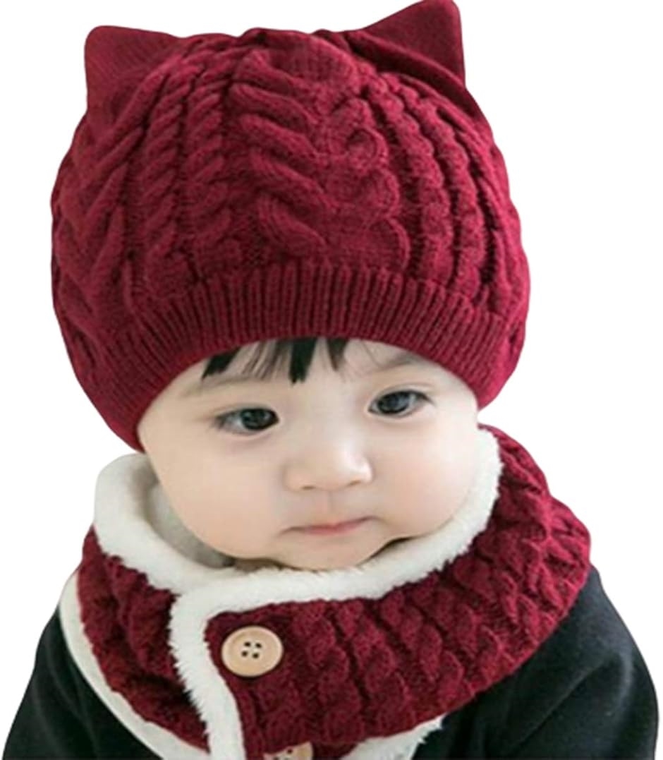 ミャオッティベビーニット帽子 ネックウォーマーセット 赤ちゃん 新生児 冬 耳付き 防寒対策(ワインレッド,  3-3 Years)