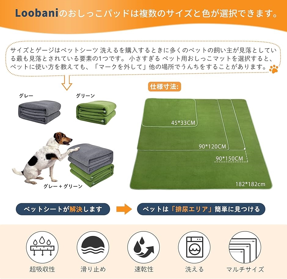 2枚セット犬 猫用洗えるペットシーツ 繰り返し使える犬用おしっこマット ペットマッ MDM( グレー+グリーン,  120x90cm)｜horikku｜04