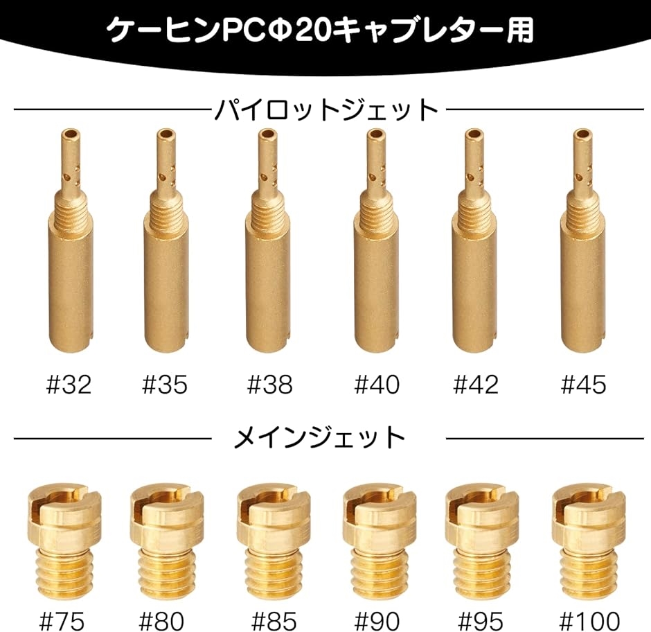 12個入 メインジェット 5X6.7ケイヒン パイロットジェット PC18/PC20( 12pcs#75-#100+#32-#45-A)｜horikku｜06