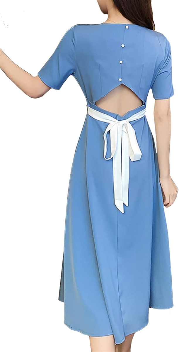 極美品✨フォクシー 4WAYストレッチワンピース 半袖 フレアワンピース ブルー 背中 腰 開き タイト Aライン フレア ワンピース セクシー 半袖