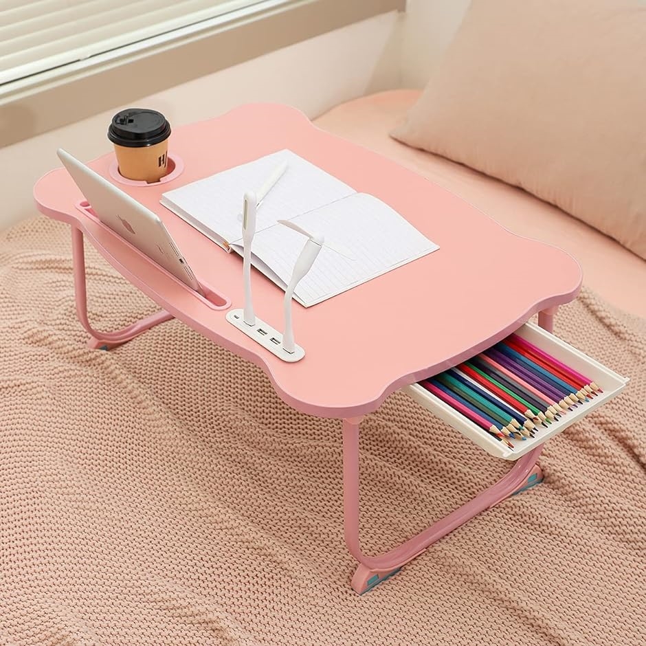 折りたたみテーブル 折り畳みテーブルパソコンデスク座卓 ベッドテーブル ローテーブル 凹溝付( ピンク,  Medium)｜horikku