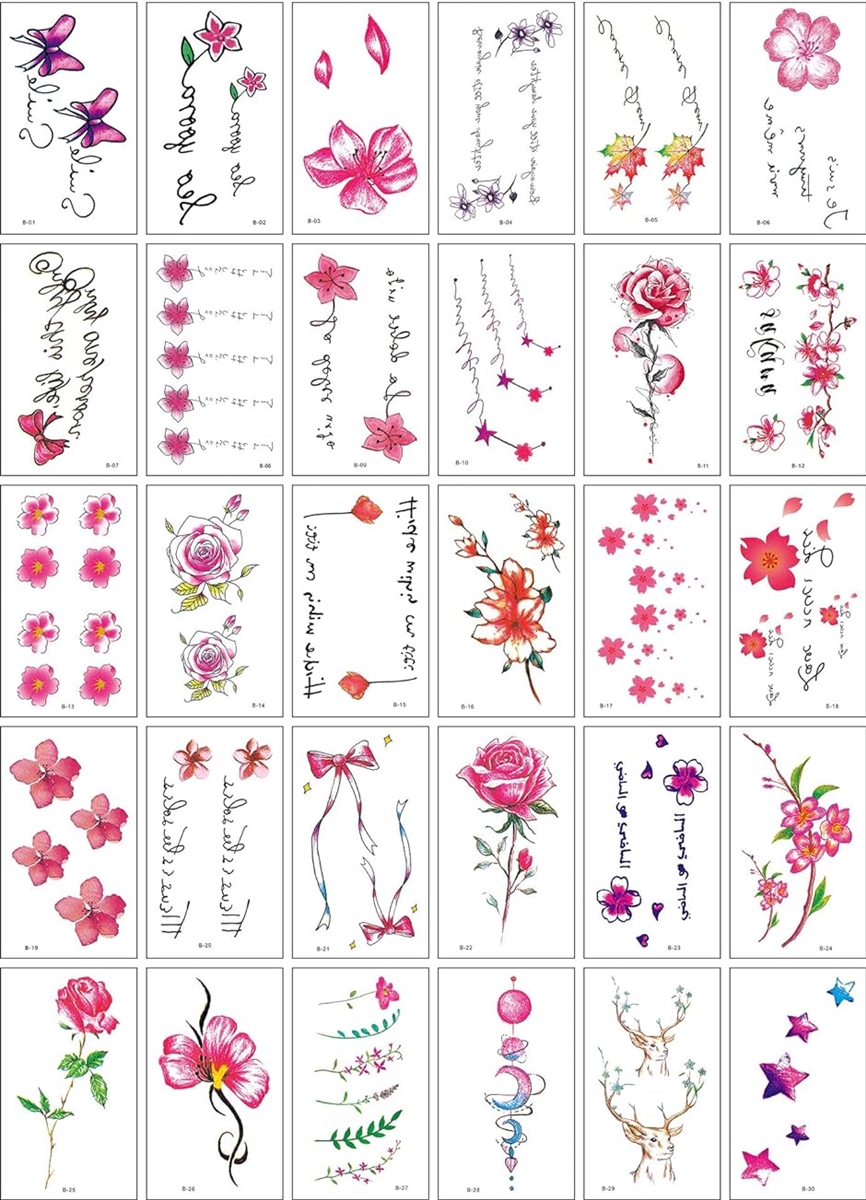 タトゥーシール 総絵柄数 84点 防水 TATTOO 30枚セット Pellfolia 桜 薔薇 星 トナカイ リボン 英字( 14)｜horikku