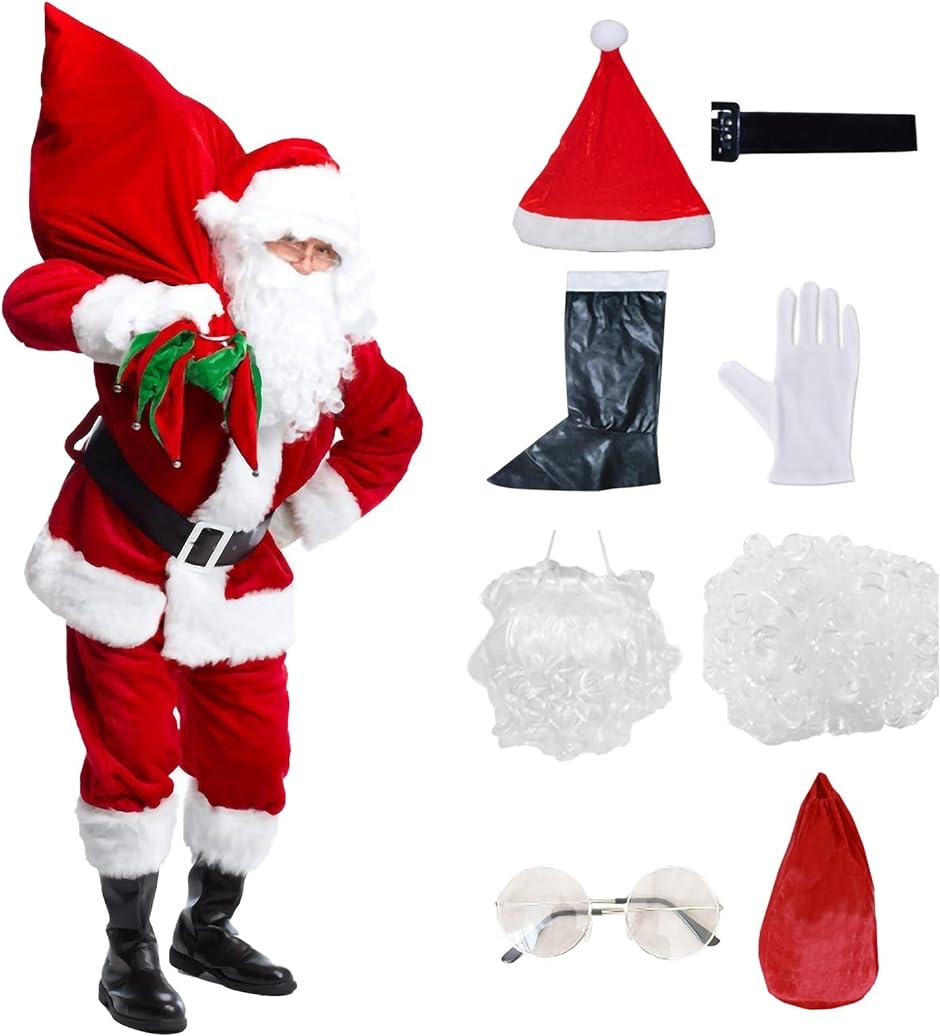 サンタクロース 衣装 10点セット 大人用 コスチューム コスプレ衣装 大きいサイズ クリスマス イベント衣装( Free Size)