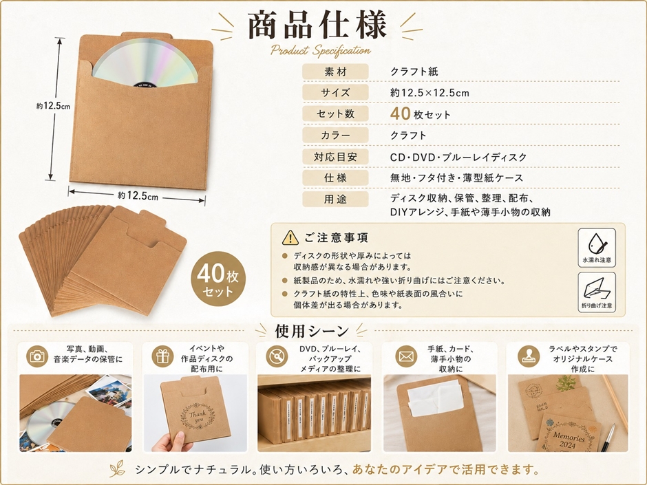 ディスクケース クラフト 紙 CD 40枚入 無地 厚紙 12.5x12.5cm DVD