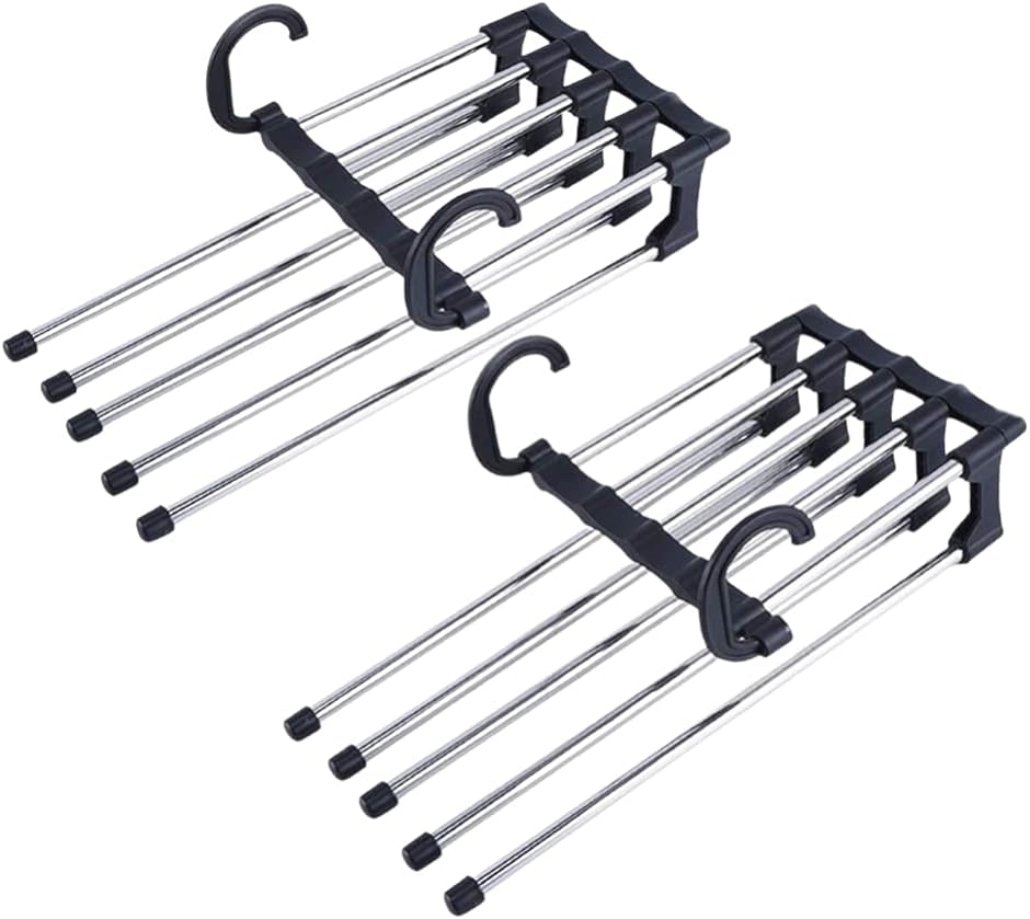 5段ズボンハンガー 2本セット パンツハンガー 折り畳み式 パンガー 連結式( ブラック,  34x14.5x6.5cm)