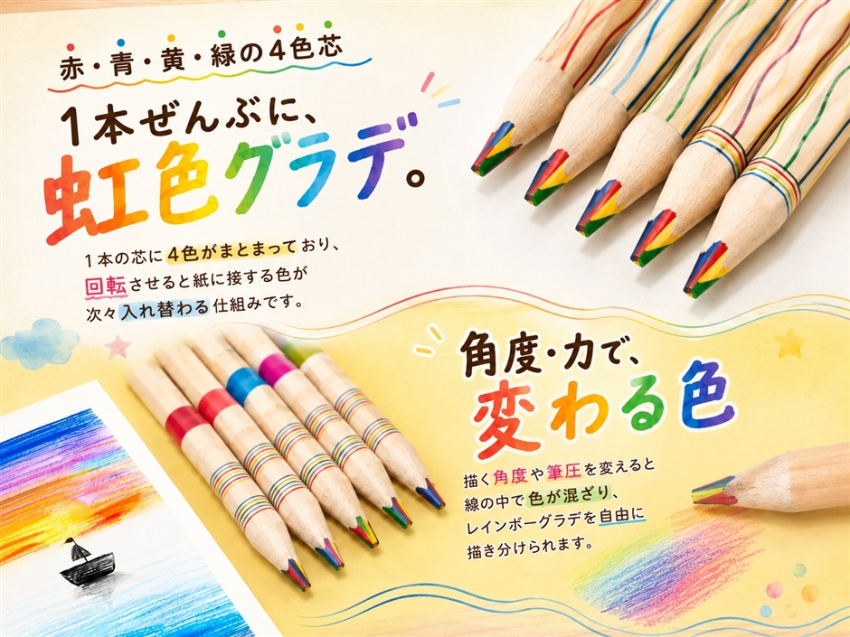 色鉛筆 カラフル レインボー 虹色 赤 黄 青 緑 かわいい 4色芯 20本