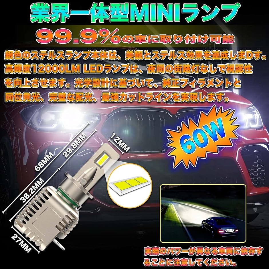 オールインワンMini ランプ60W H3 led ヘッドライト 爆光 12000lm ホワイト6000K 瞬間起動 MDM( H3-ホワイト)｜horikku｜02