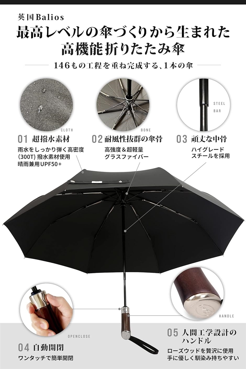 英国 バリオス 折りたたみ傘 メンズ 65cm 8本骨 395g 自動開閉