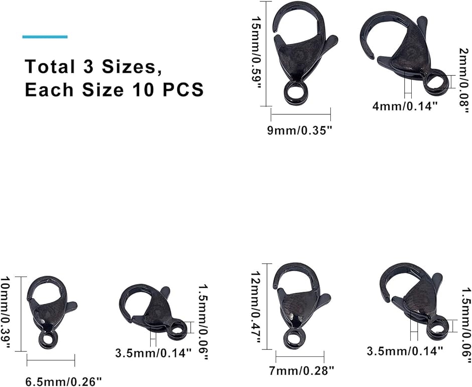 約30個 3種サイズ ブラック ステンレス カニカン クラスプパーツ ロブスタークロークラスプ MDM( ブラック-30個,  3サイズ)｜horikku｜03