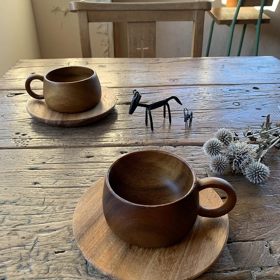 木のカップ＆ソーサー ブラウン カフェ風 木製 コーヒーカップ