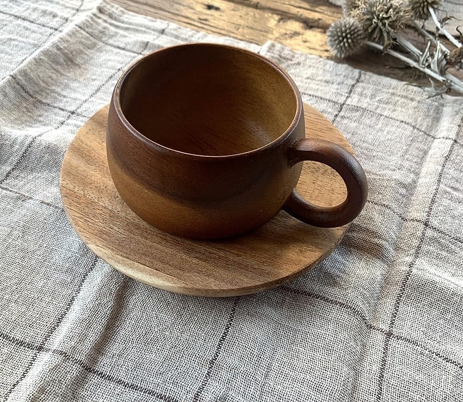 木のカップ＆ソーサー ブラウン カフェ風 木製 コーヒーカップ