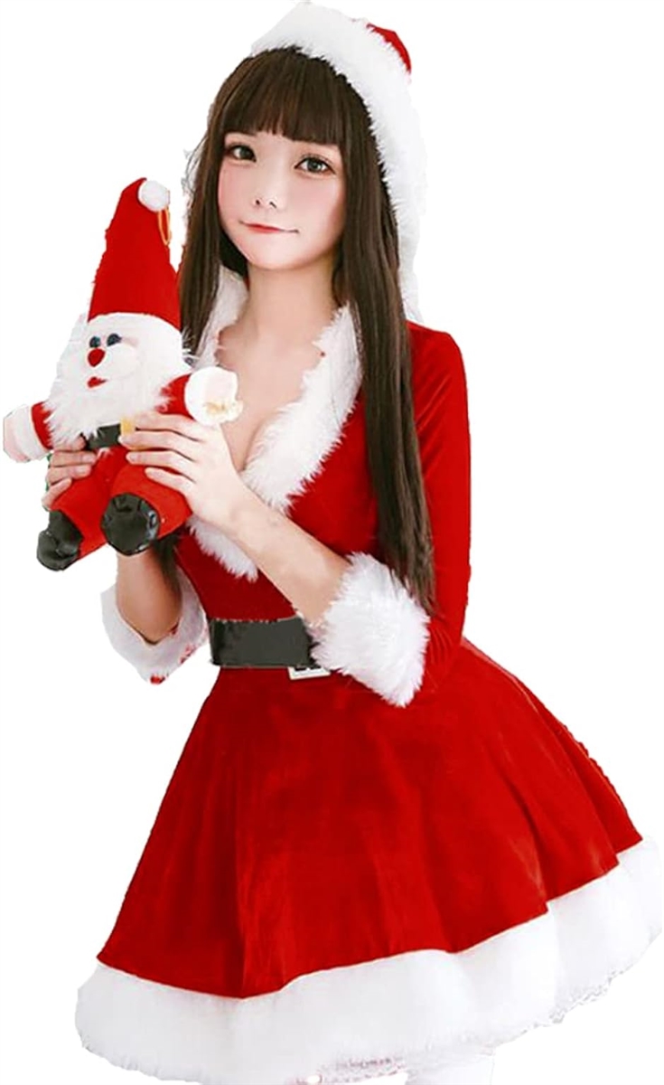 Vネック サンタ コスプレ パニエ付 クリスマス 大人 レディース パーティ イベント( レッド,  XL)