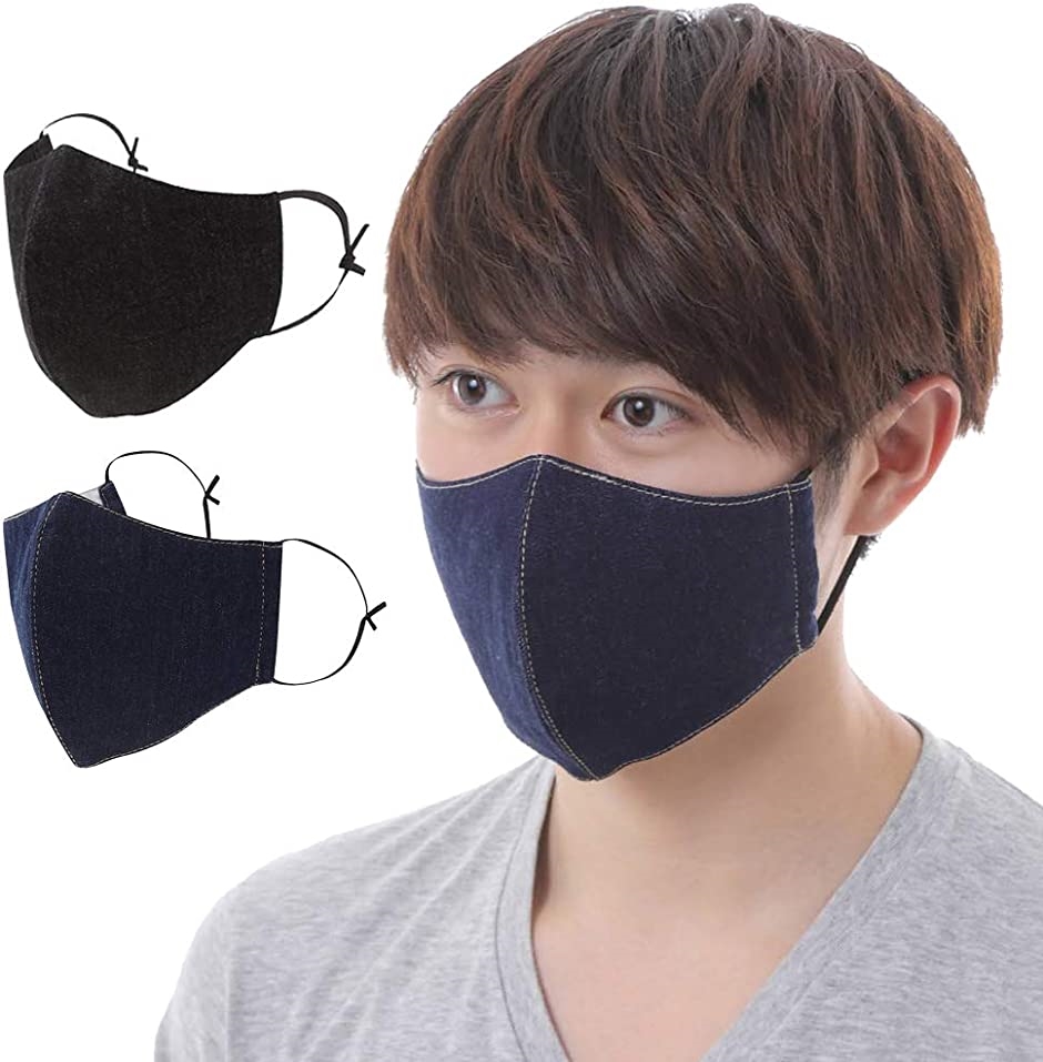 マスク デニム 2枚組 洗える 布マスク 3D立体構造 男女兼用 布製( Bセット：インディゴ・ブラック,  2枚)