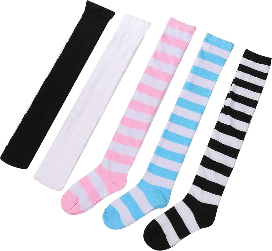 男の娘 コスプレ 女装 用 ニーハイソックス 5組セット 無地 ／ ボーダー(ホワイト)