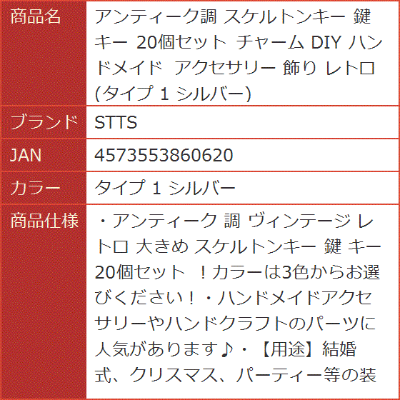 アンティーク調 スケルトンキー 鍵 20個セット チャーム DIY
