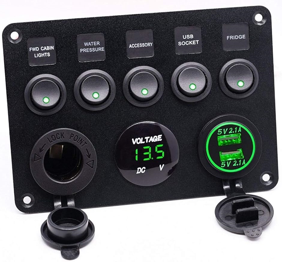 改良 12V 24V 対応 防水 スイッチ パネル デュアル シガーライター ソケット( グリーン 5スイッチ+2USB+1シガー)
