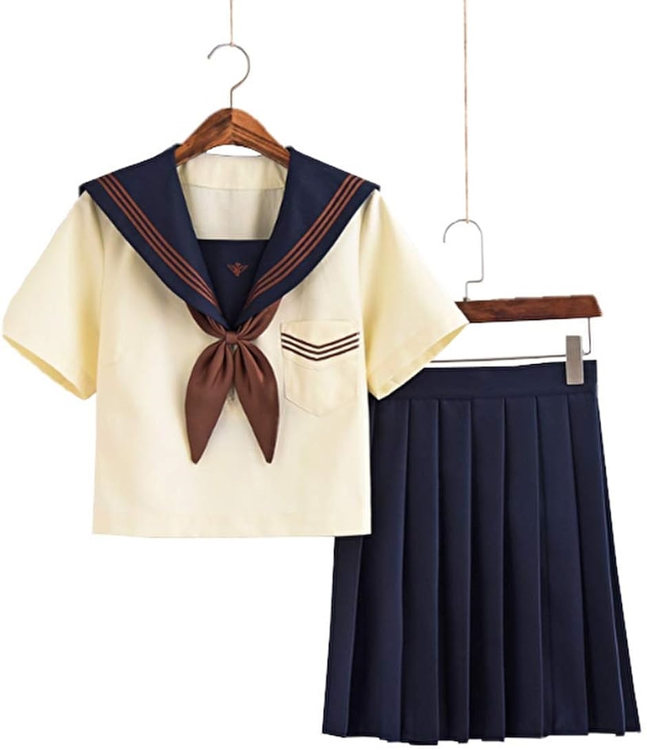 女子高生制服 紺襟シャツ 紺スカート ネクタイ コスプレ 夏服( XL)