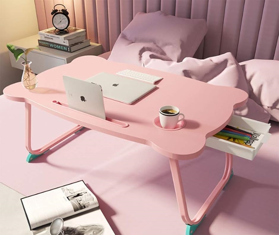 折りたたみテーブル 折り畳みテーブルパソコンデスク座卓 ベッドテーブル ローテーブル 凹溝付き ラップトップテーブル 軽量( ピンク)