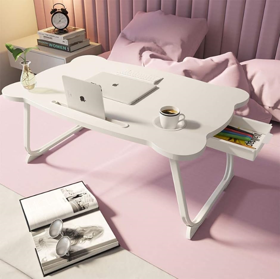 折りたたみテーブル 折り畳みテーブルパソコンデスク座卓 ベッドテーブル ローテーブル 凹溝付き ラップトップテーブル 軽量( ホワイト)