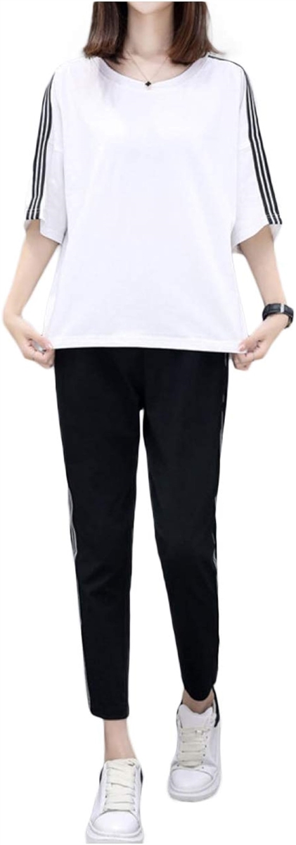 上下セット スポーツウェア パンツ tシャツ セットアップ レディース 薄手 ポケット付き( ホワイト,  L)｜horikku