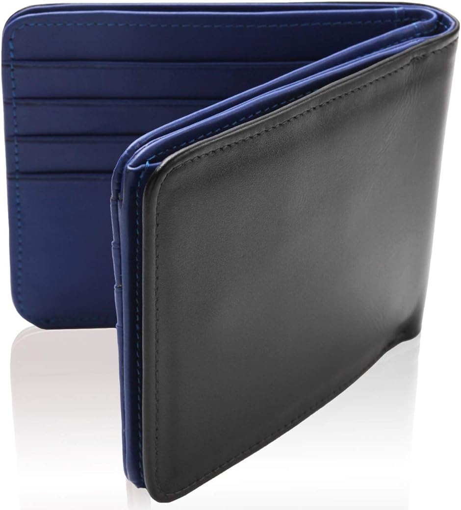 二つ折り 財布 メンズ 本革 カード15枚収納 ボックス型小銭入れ ブラックxブルー( ブラックxブルー)｜horikku