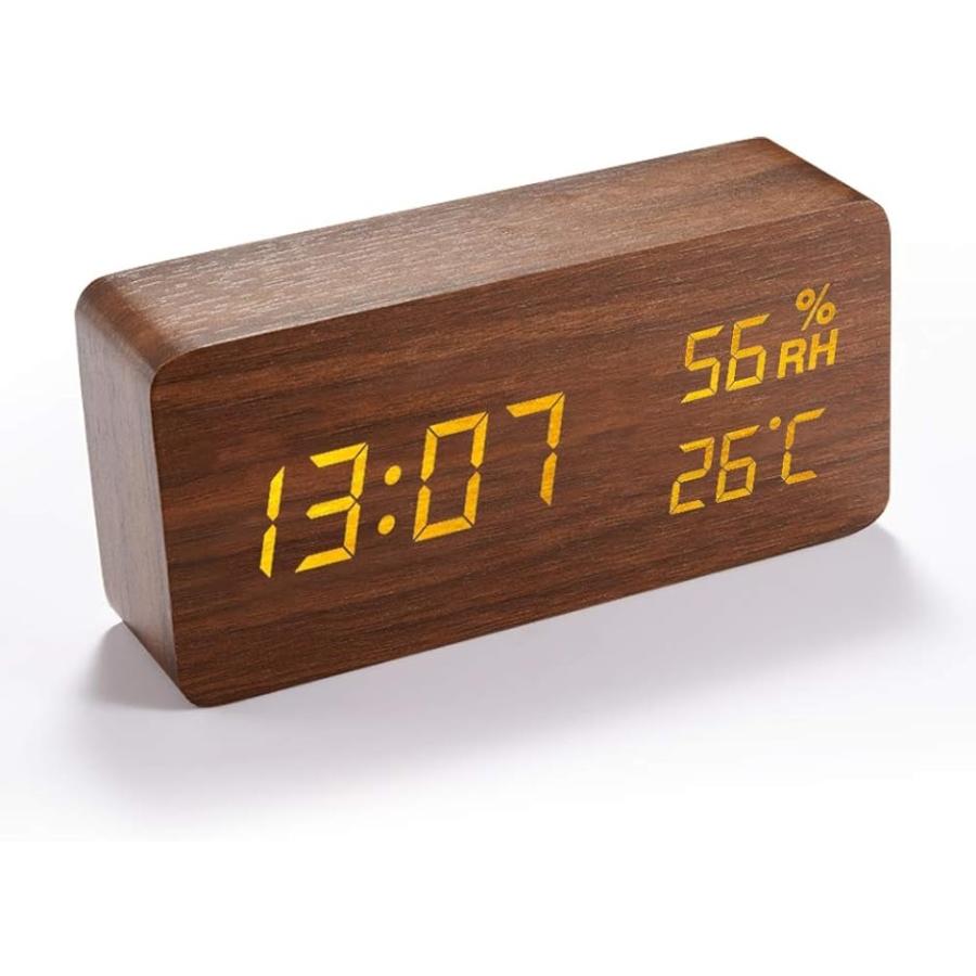 目覚まし時計 木製 大音量 デジタル 置き時計 温度湿度計 MDM( ブラウン)
