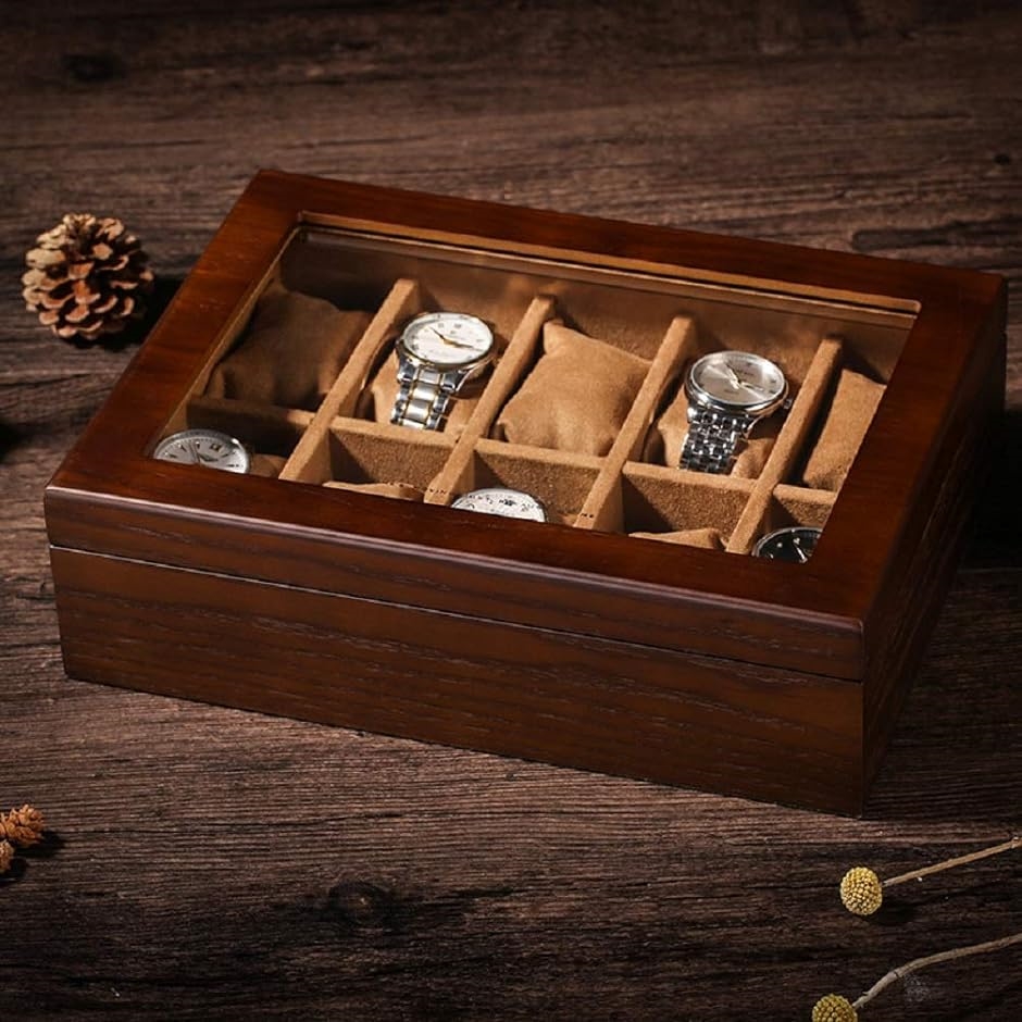 高級 木製 腕時計 収納 ボックス 10本用 コレクション ケース ディスプレイ 透明ガラス 箱 クッション付き J83 ブラウン