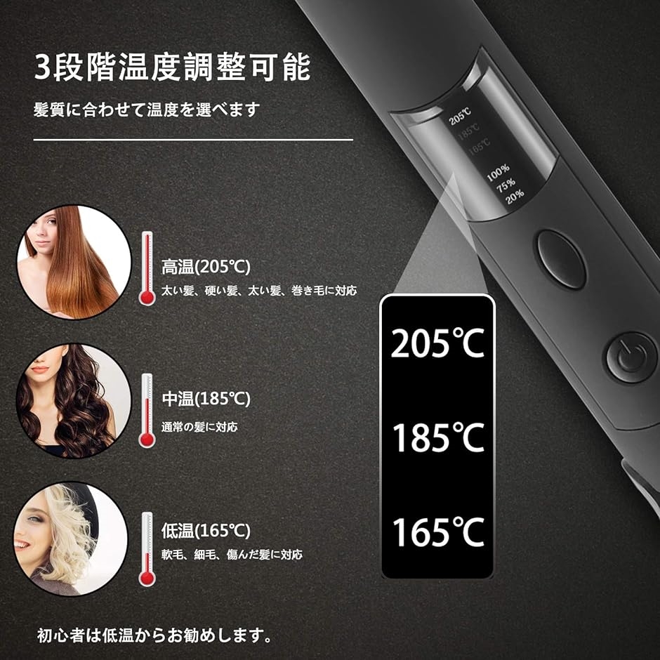 コードレス ヘアアイロン ストレートヘアアイロン 二重使用 ミニアイロン 2500mAh 携帯便利 三段階温度設定 自動OFF MDM( 黒A)｜horikku｜02