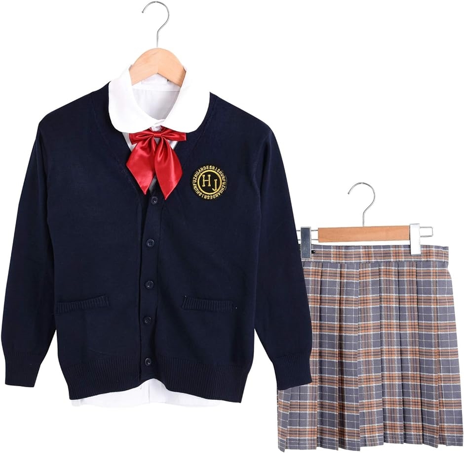制服 コスプレ ５点セット スクールシャツ + カーディガン 制服スカート スクールネクタイ ワッペン のセット M( ベージュ M)