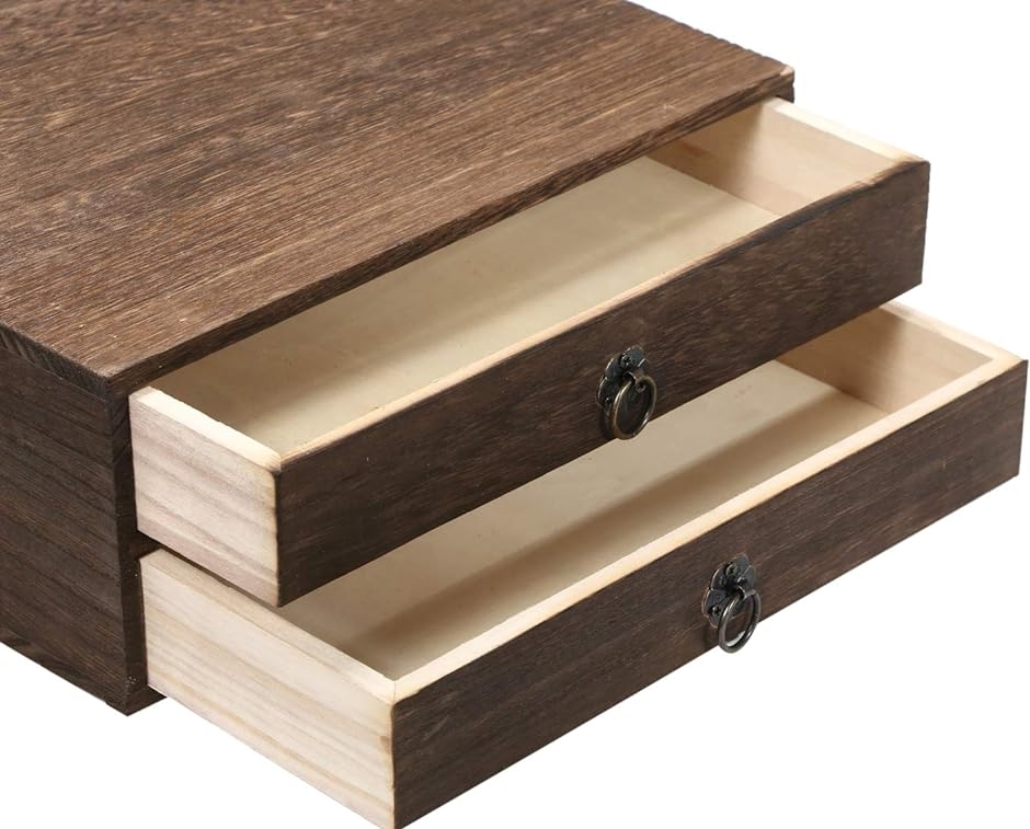 ビンテージ風木箱 収納 二段引出 小物入 ブラウン : スピード発送