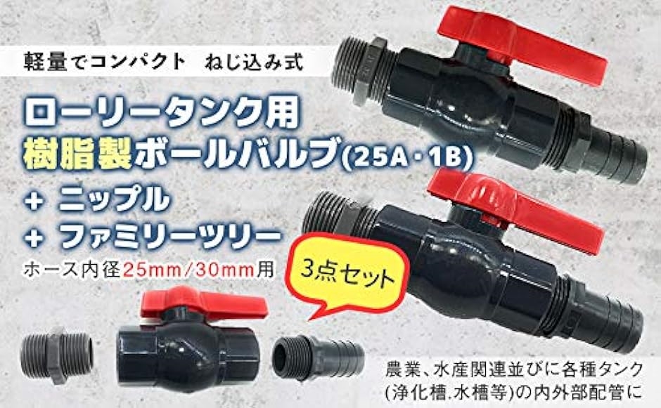 ローリータンク専用 25A・1B 樹脂製ボールバルブ ニップル タケノコ 3点セット( 内径25ｍｍホース用)｜horikku｜07