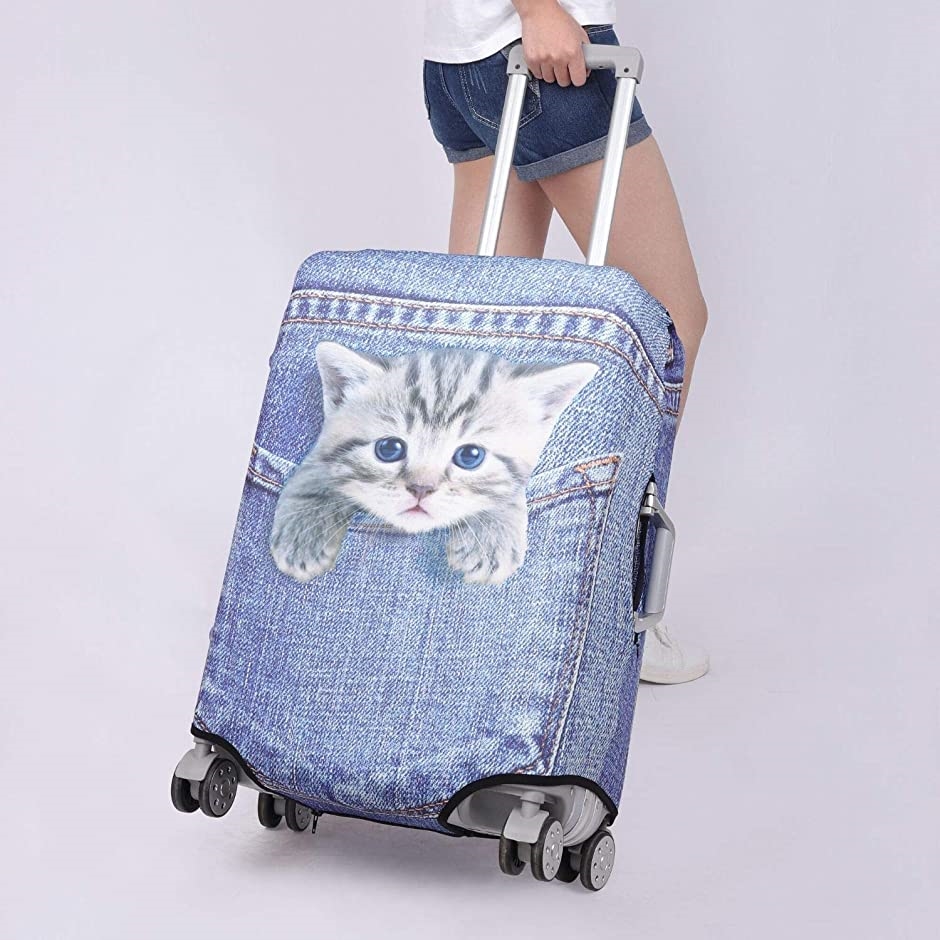 スーツケース 保護 カバー かわいい イヌ ネコ デニム トランクケース キャリーケース 伸縮 旅行 MDM( 猫・トラ（ブルー）,  S)｜horikku｜07