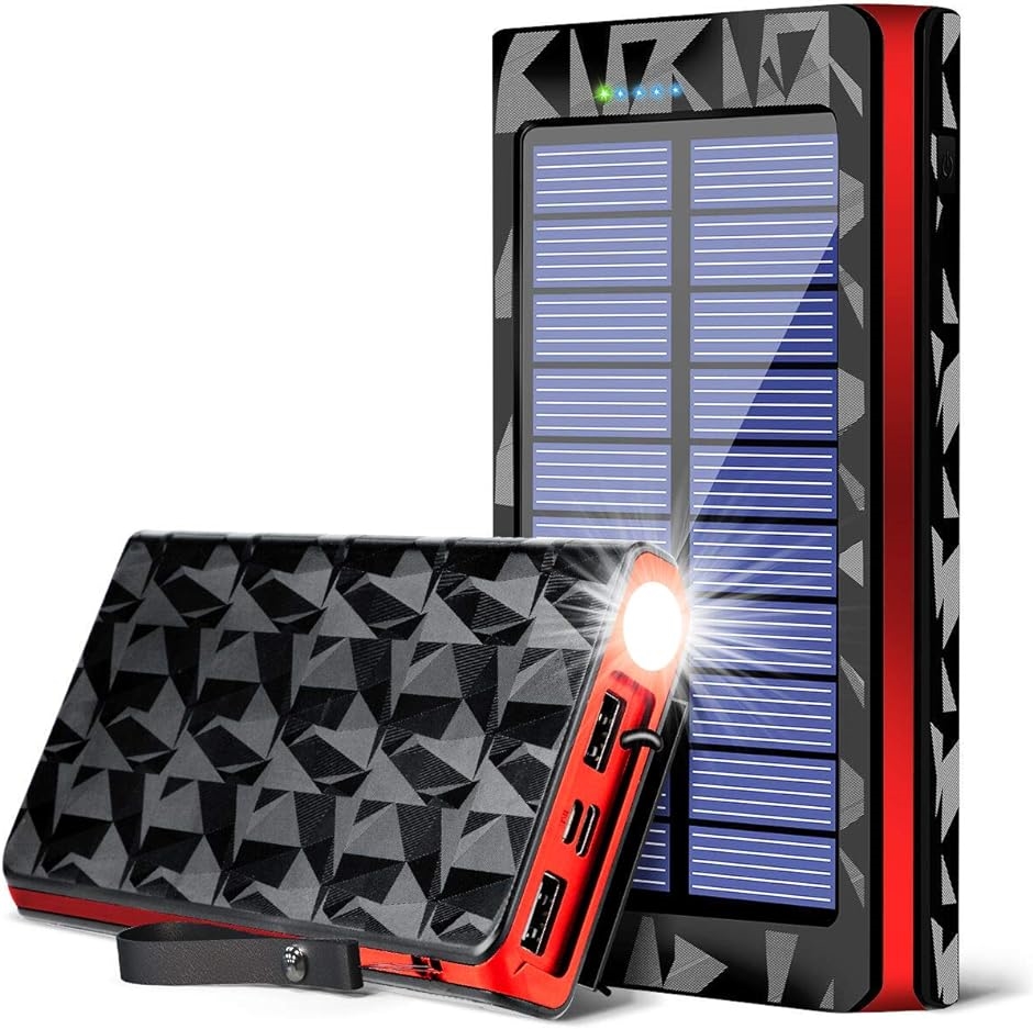 最新版 26800mAh モバイルバッテリー 大容量 ソーラーチャージャー ソーラー充電器 急速充電 携帯充電器( 黒+レッド)｜horikku