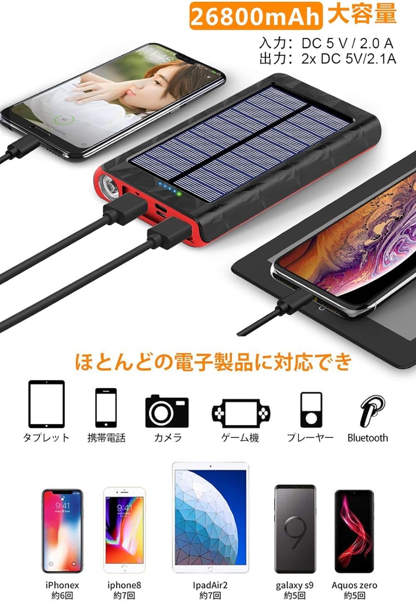 最新版 26800mAh モバイルバッテリー 大容量 ソーラーチャージャー ソーラー充電器 急速充電 携帯充電器( 黒+レッド)｜horikku｜03