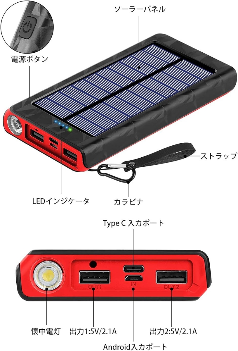 最新版 26800mAh モバイルバッテリー 大容量 ソーラーチャージャー ソーラー充電器 急速充電 携帯充電器( 黒+レッド)｜horikku｜05